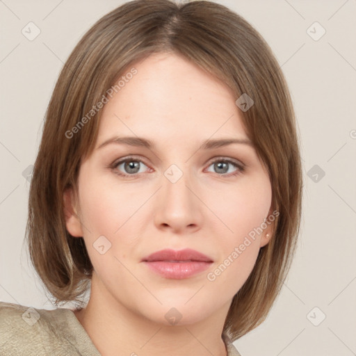 Neutral white young-adult female with medium  brown hair and grey eyes