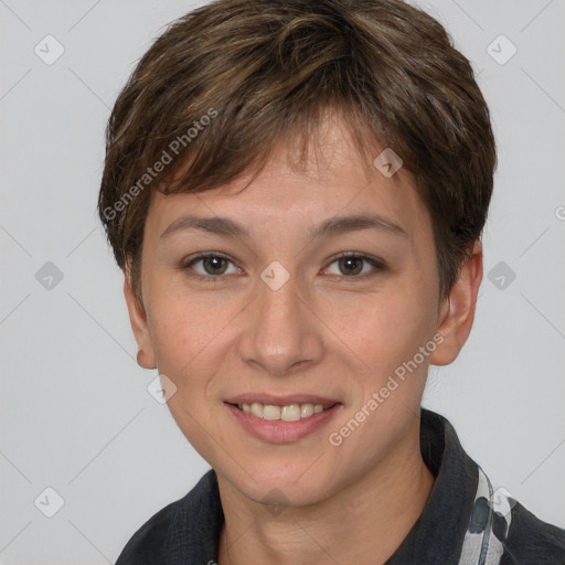 Joyful white young-adult female with short  brown hair and grey eyes