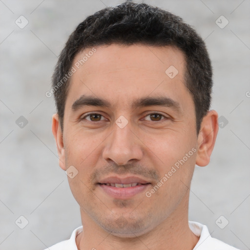 Joyful white young-adult male with short  brown hair and brown eyes