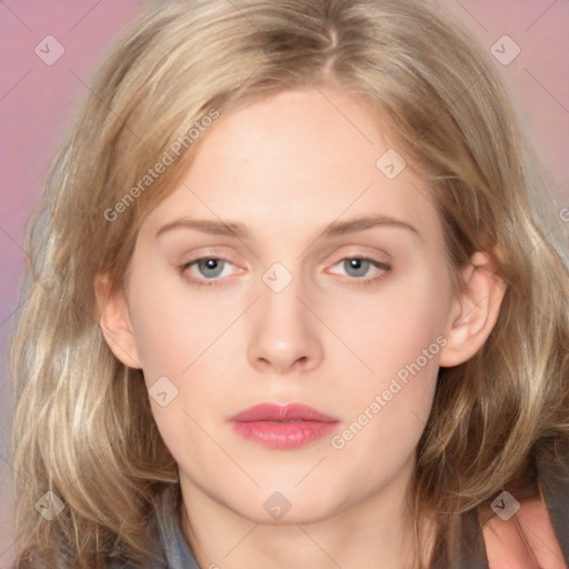 Neutral white young-adult female with medium  brown hair and grey eyes