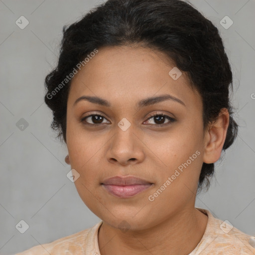 Joyful latino young-adult female with short  brown hair and brown eyes