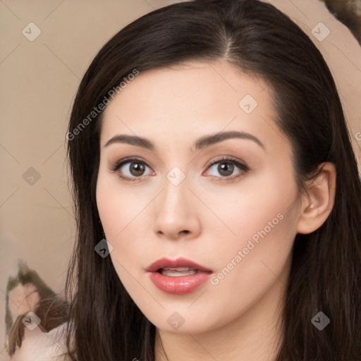 Neutral white young-adult female with long  brown hair and brown eyes