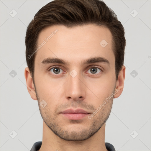 Neutral white young-adult male with short  brown hair and brown eyes