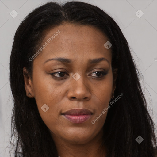 Joyful black young-adult female with long  brown hair and brown eyes