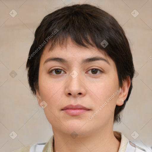 Neutral white young-adult female with medium  brown hair and brown eyes