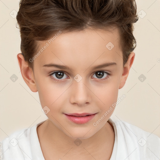 Joyful white child female with short  brown hair and brown eyes