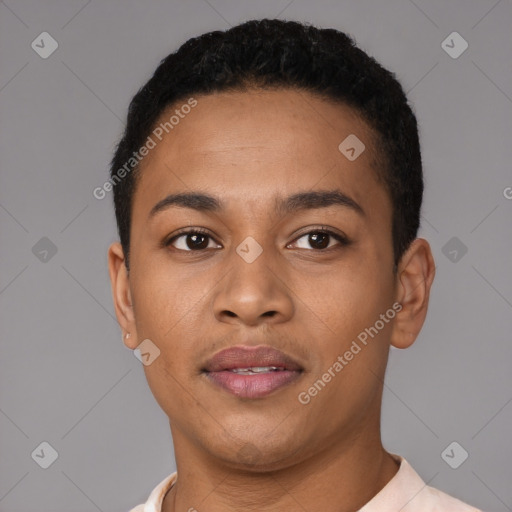 Joyful latino young-adult male with short  brown hair and brown eyes