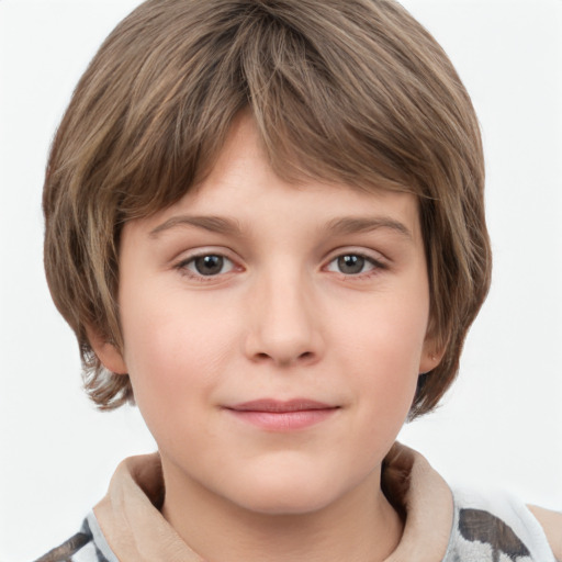 Joyful white child female with medium  brown hair and grey eyes