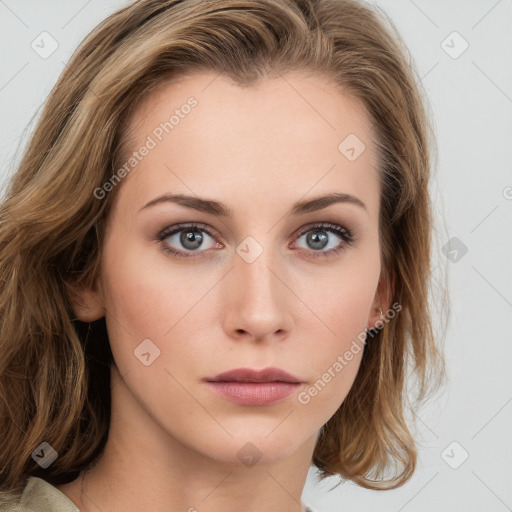 Neutral white young-adult female with medium  brown hair and grey eyes