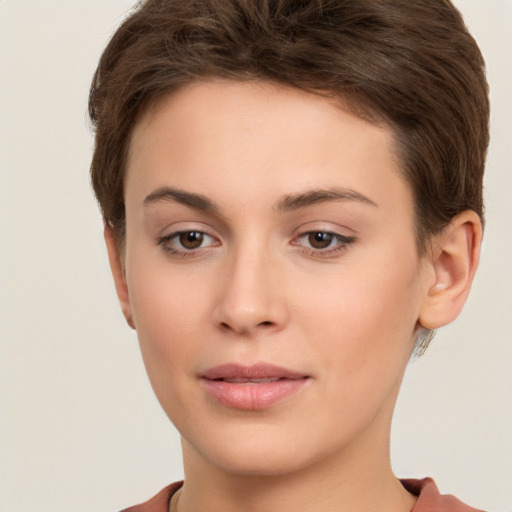 Neutral white young-adult female with short  brown hair and brown eyes