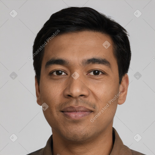 Neutral asian young-adult male with short  black hair and brown eyes