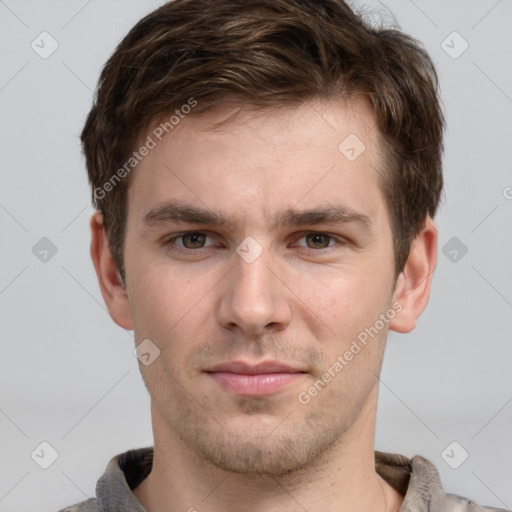 Neutral white young-adult male with short  brown hair and grey eyes