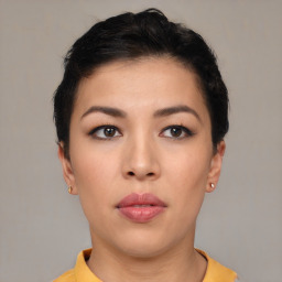 Neutral asian young-adult female with short  black hair and brown eyes