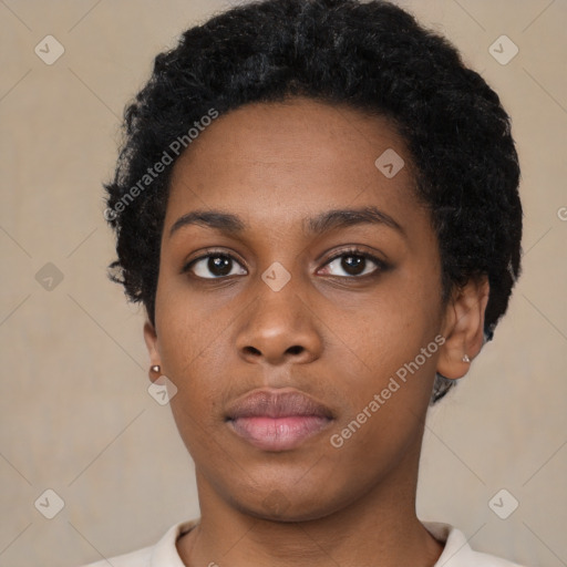 Neutral black young-adult female with short  black hair and brown eyes