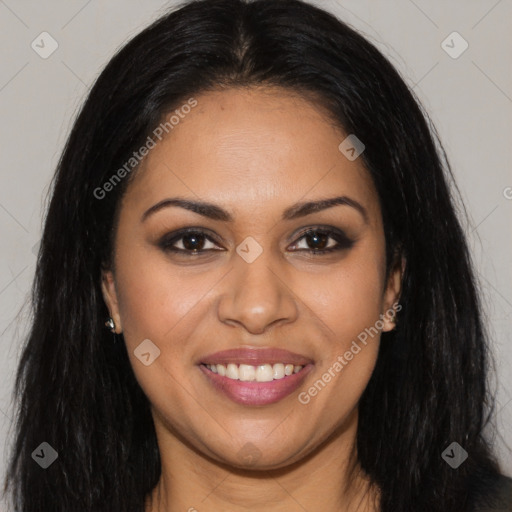 Joyful latino young-adult female with long  brown hair and brown eyes