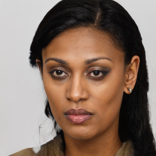 Neutral black young-adult female with long  black hair and brown eyes