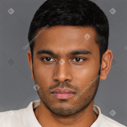 Neutral latino young-adult male with short  black hair and brown eyes