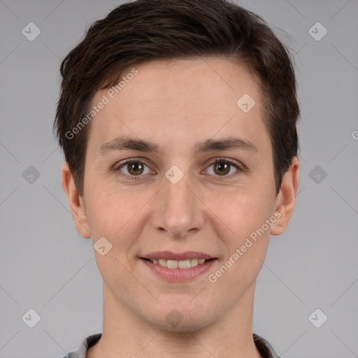 Joyful white young-adult female with short  brown hair and brown eyes