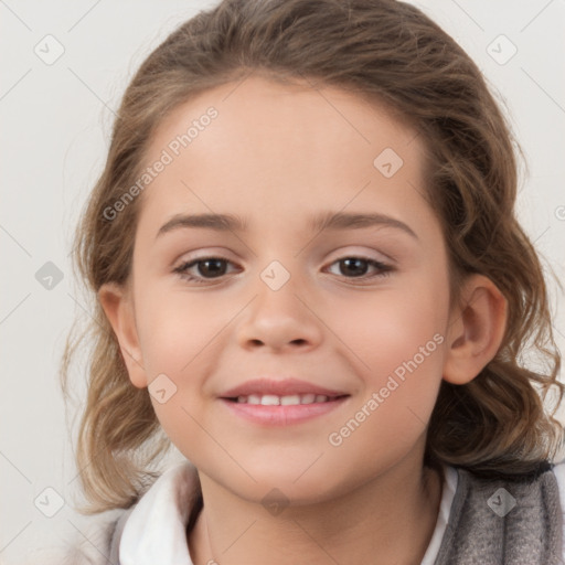 Joyful white child female with medium  brown hair and brown eyes