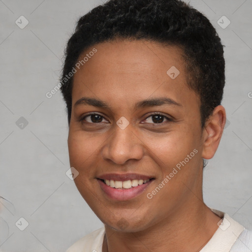 Joyful white young-adult female with short  brown hair and brown eyes