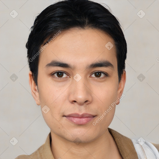 Neutral asian young-adult male with short  black hair and brown eyes