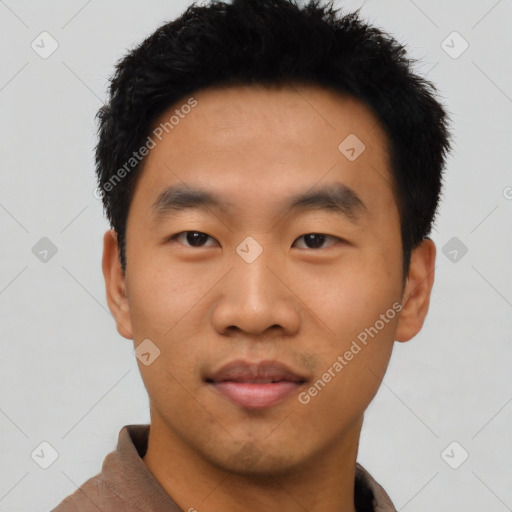 Neutral asian young-adult male with short  black hair and brown eyes