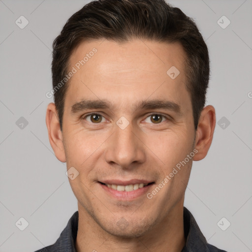 Joyful white young-adult male with short  brown hair and brown eyes