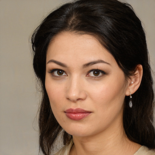 Neutral asian young-adult female with medium  brown hair and brown eyes