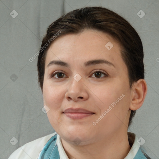 Joyful white young-adult female with medium  brown hair and brown eyes