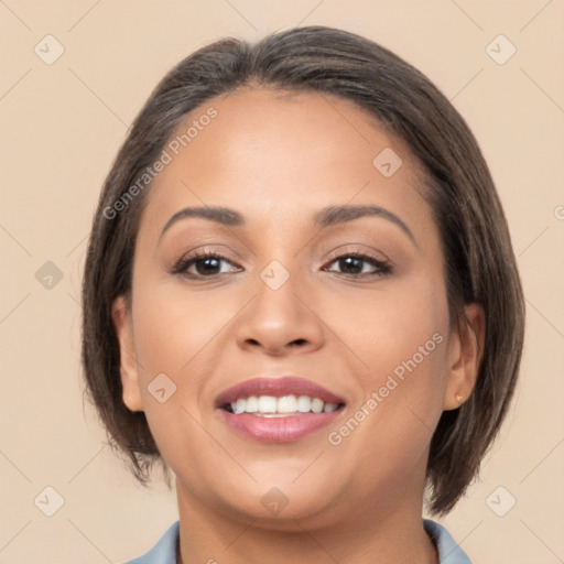 Joyful white young-adult female with medium  brown hair and brown eyes