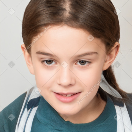 Joyful white child female with short  brown hair and brown eyes