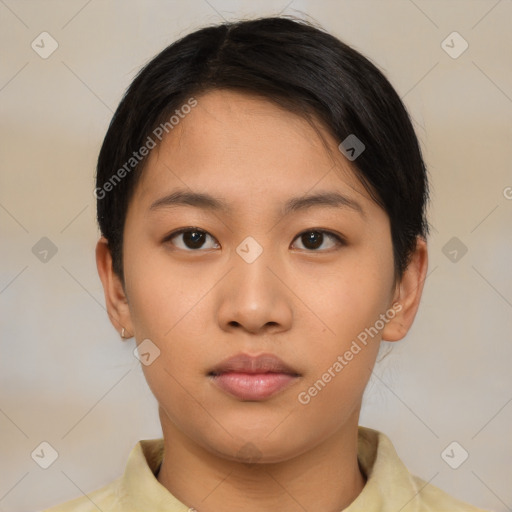 Neutral asian young-adult female with short  brown hair and brown eyes