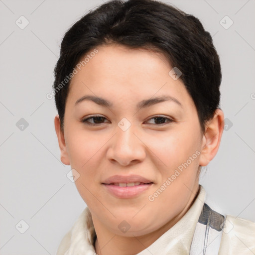 Joyful asian young-adult female with short  brown hair and brown eyes