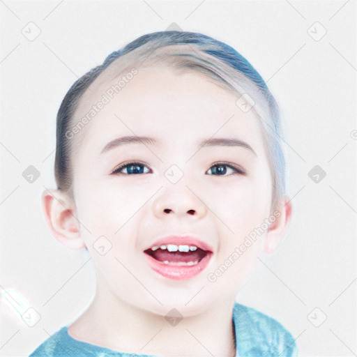 Joyful white child female with medium  brown hair and blue eyes