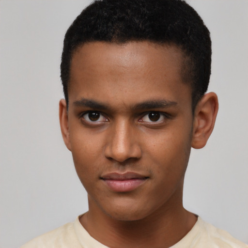 Neutral latino young-adult male with short  brown hair and brown eyes