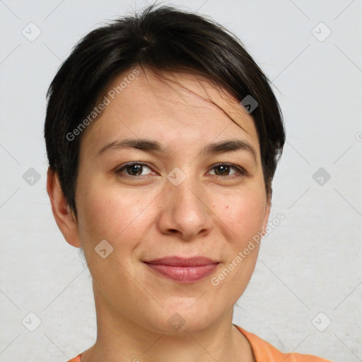 Joyful white young-adult female with short  brown hair and brown eyes