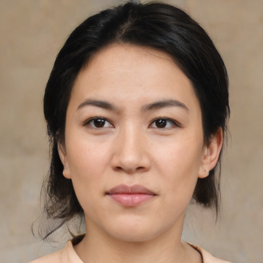 Neutral asian young-adult female with medium  black hair and brown eyes