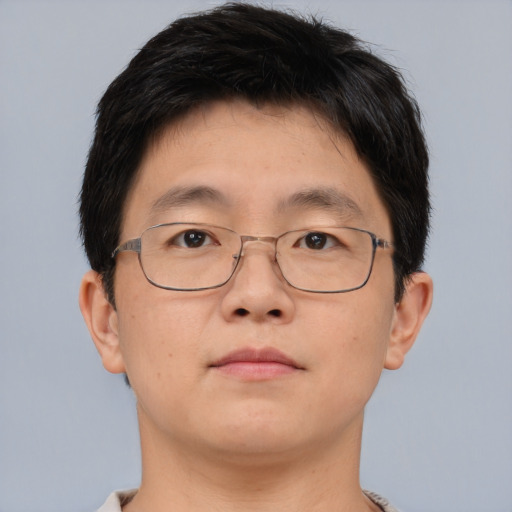 Neutral asian young-adult male with short  brown hair and brown eyes