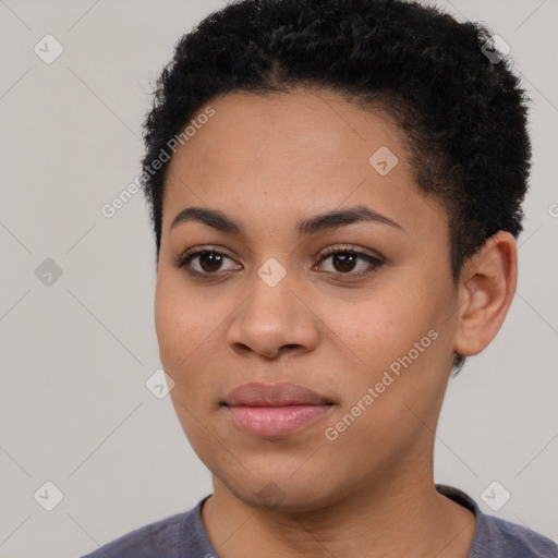 Joyful black young-adult female with short  black hair and brown eyes