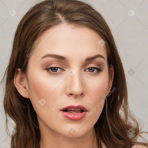 Neutral white young-adult female with long  brown hair and grey eyes