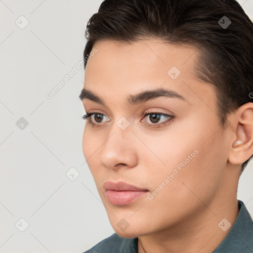 Neutral white young-adult female with medium  brown hair and brown eyes