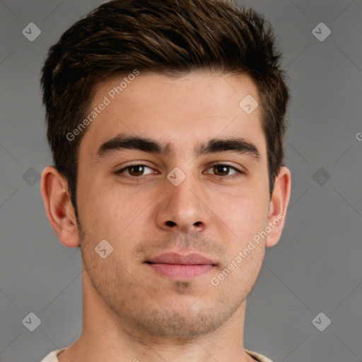 Neutral white young-adult male with short  brown hair and brown eyes