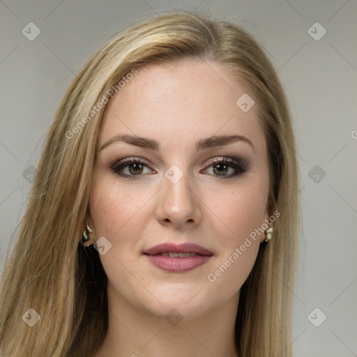 Joyful white young-adult female with long  brown hair and brown eyes