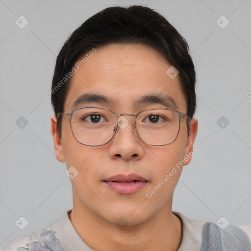 Neutral asian young-adult male with short  brown hair and brown eyes