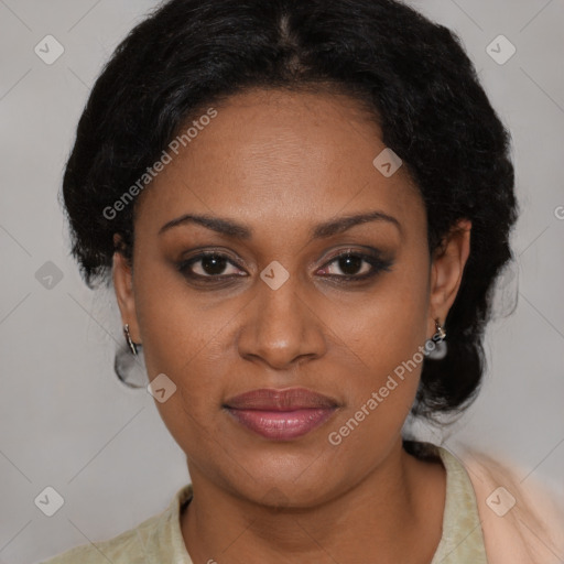 Joyful latino adult female with short  black hair and brown eyes