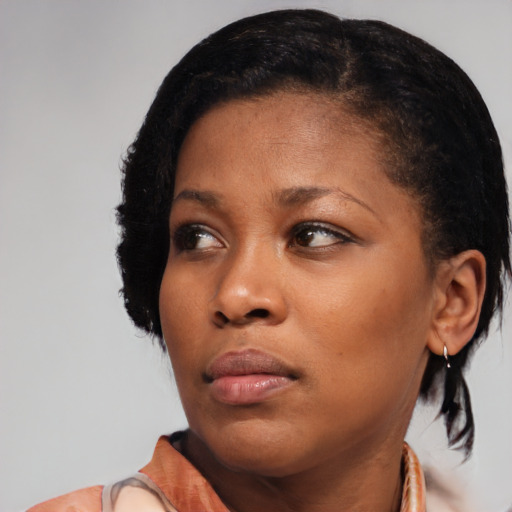 Neutral black young-adult female with medium  black hair and brown eyes