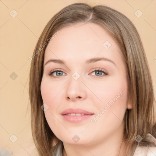 Neutral white young-adult female with medium  brown hair and grey eyes