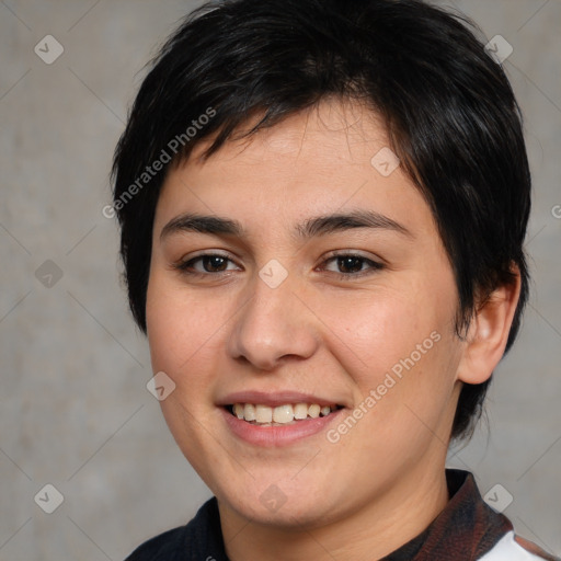 Joyful white young-adult female with medium  brown hair and brown eyes