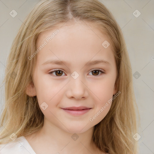 Joyful white child female with medium  brown hair and brown eyes