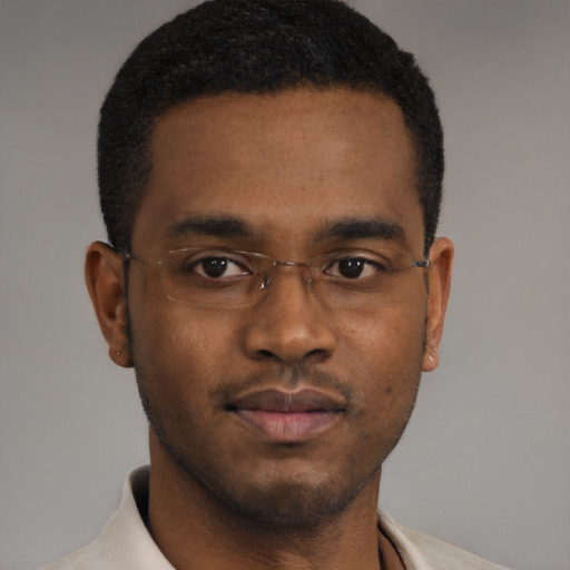 Neutral black young-adult male with short  black hair and brown eyes
